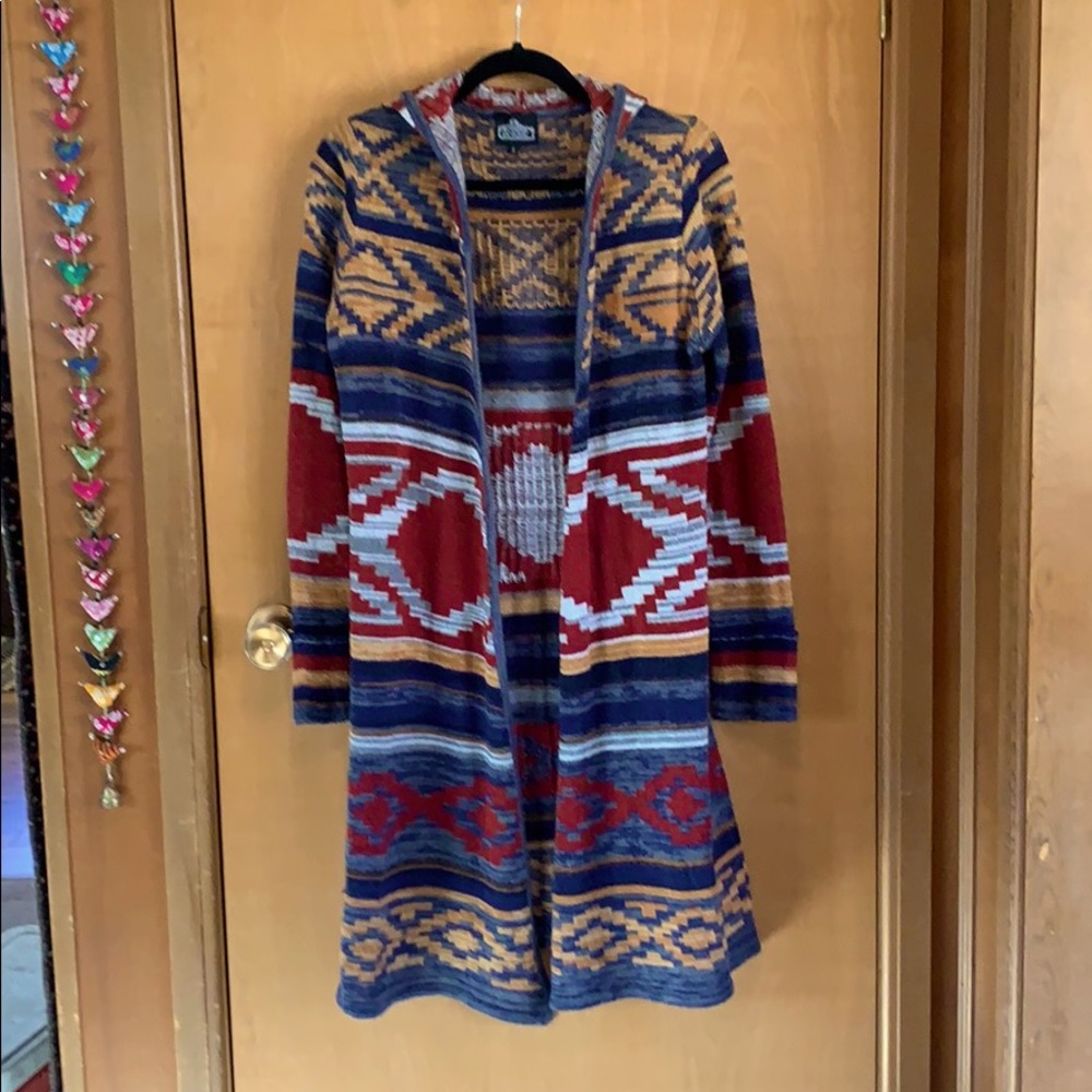 Angie sweater—long, open, hooded, size S